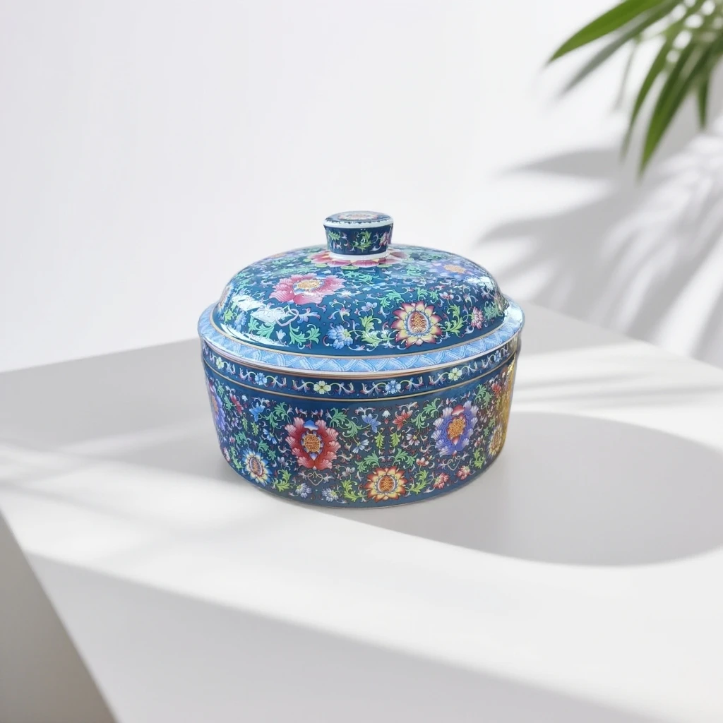 9英寸蓝地彩莲纹储物罐