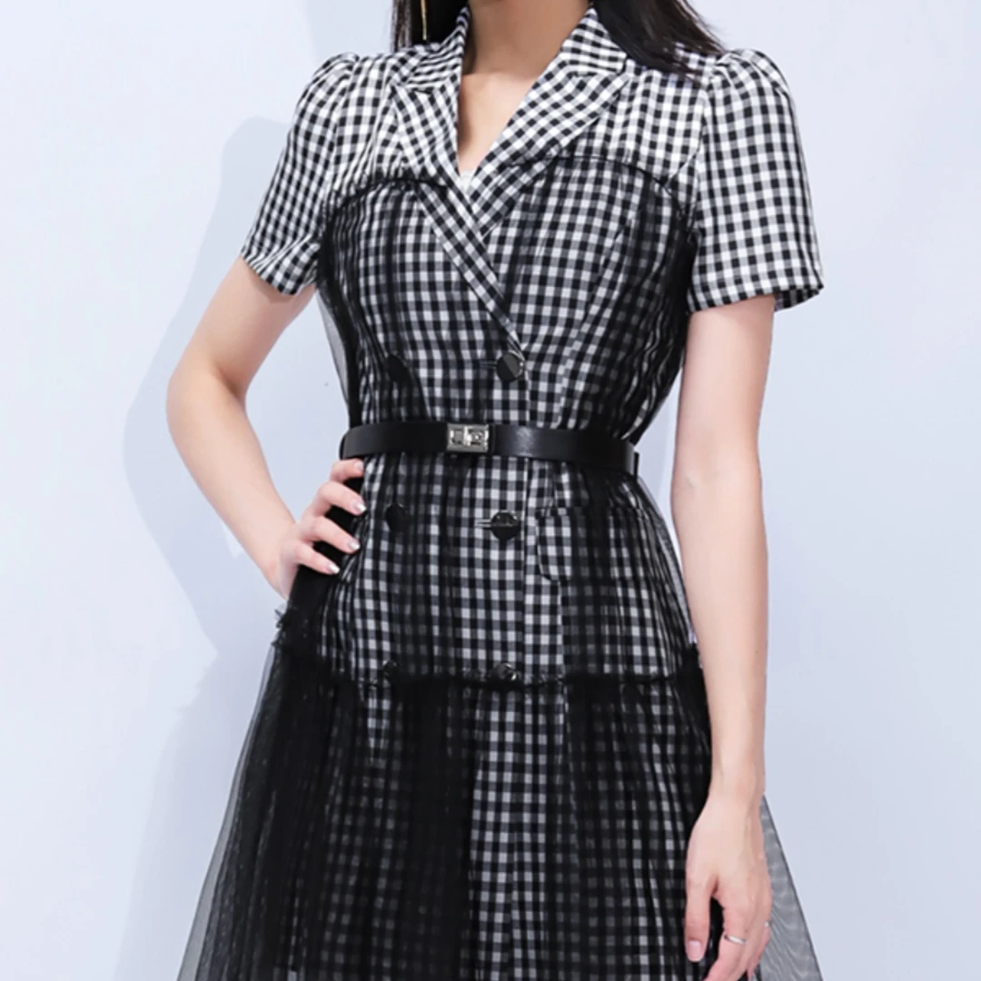 【七语专属】AUI黑白格网纱西装式连衣裙小个子显高夏-22F010975