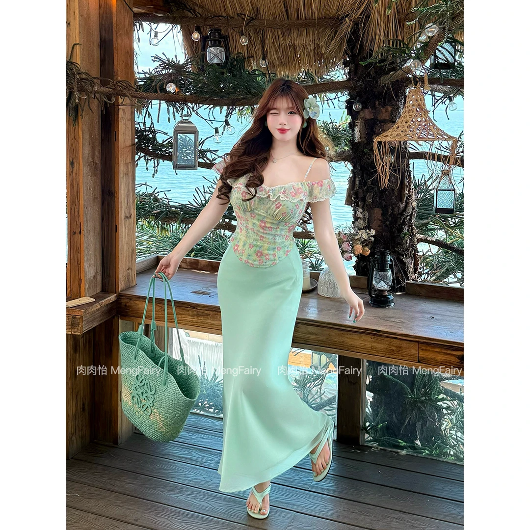 肉肉怡 清清【青柠蜜桃】韩系碎花上衣清新长半裙6055M 6111B