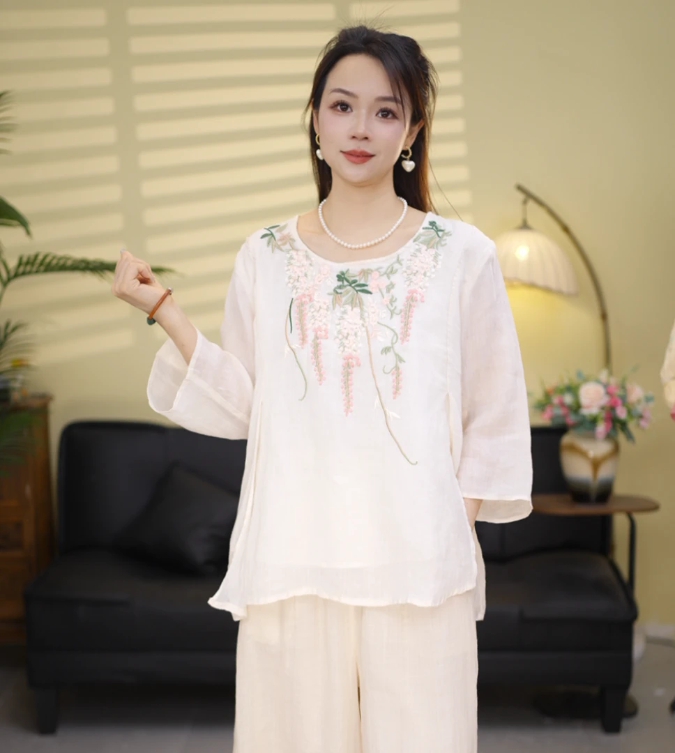 {302}夏季新款花卉刺绣圆领休闲百搭双层苎麻小衫七分袖纯色衬衫