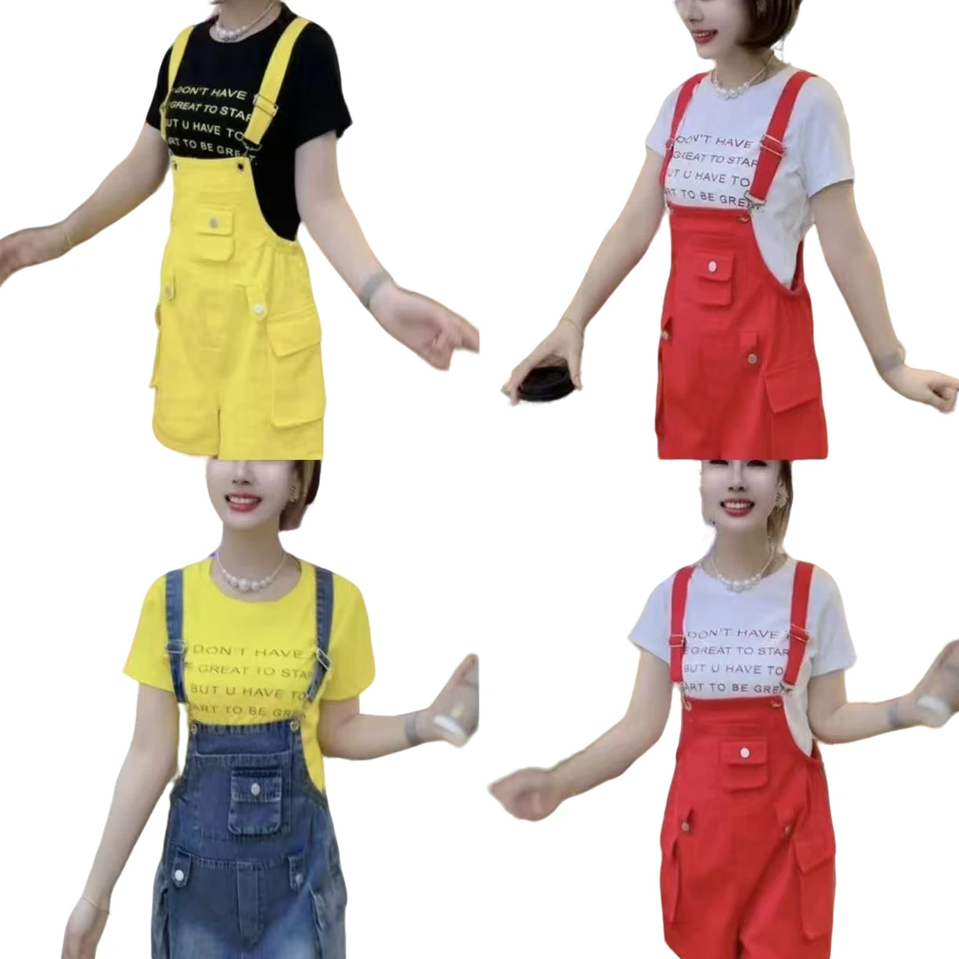 8690夏季新款辣妹时尚套装彩色牛仔背带短裤+短袖百搭宽松