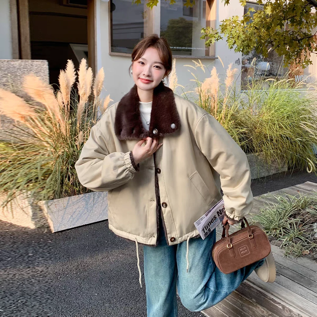 【双面穿】韩里韩气轻熟风两面穿外套新款设计感撞色毛茸休闲外套双