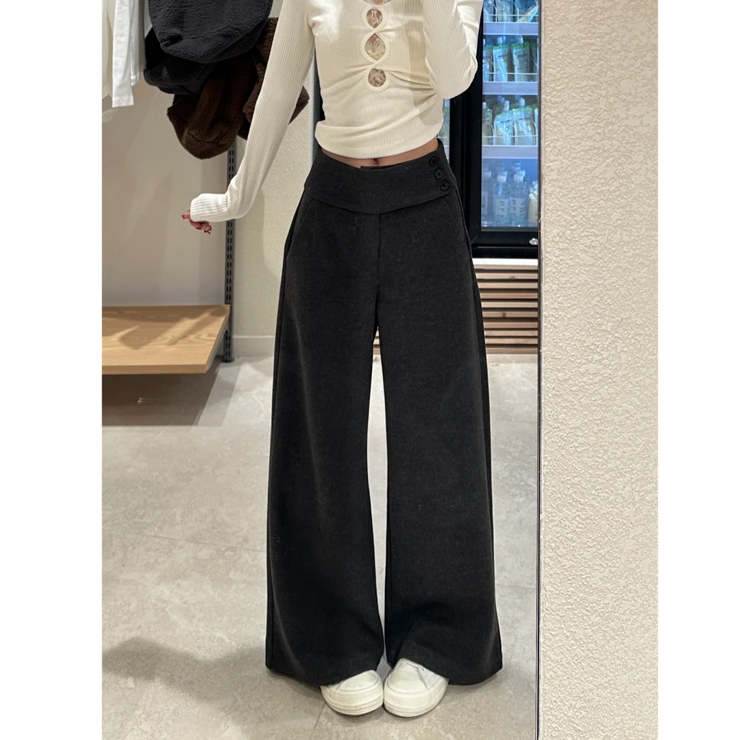 深灰色毛呢阔腿休闲裤女秋冬设计感宽松百搭直筒厚西装裤