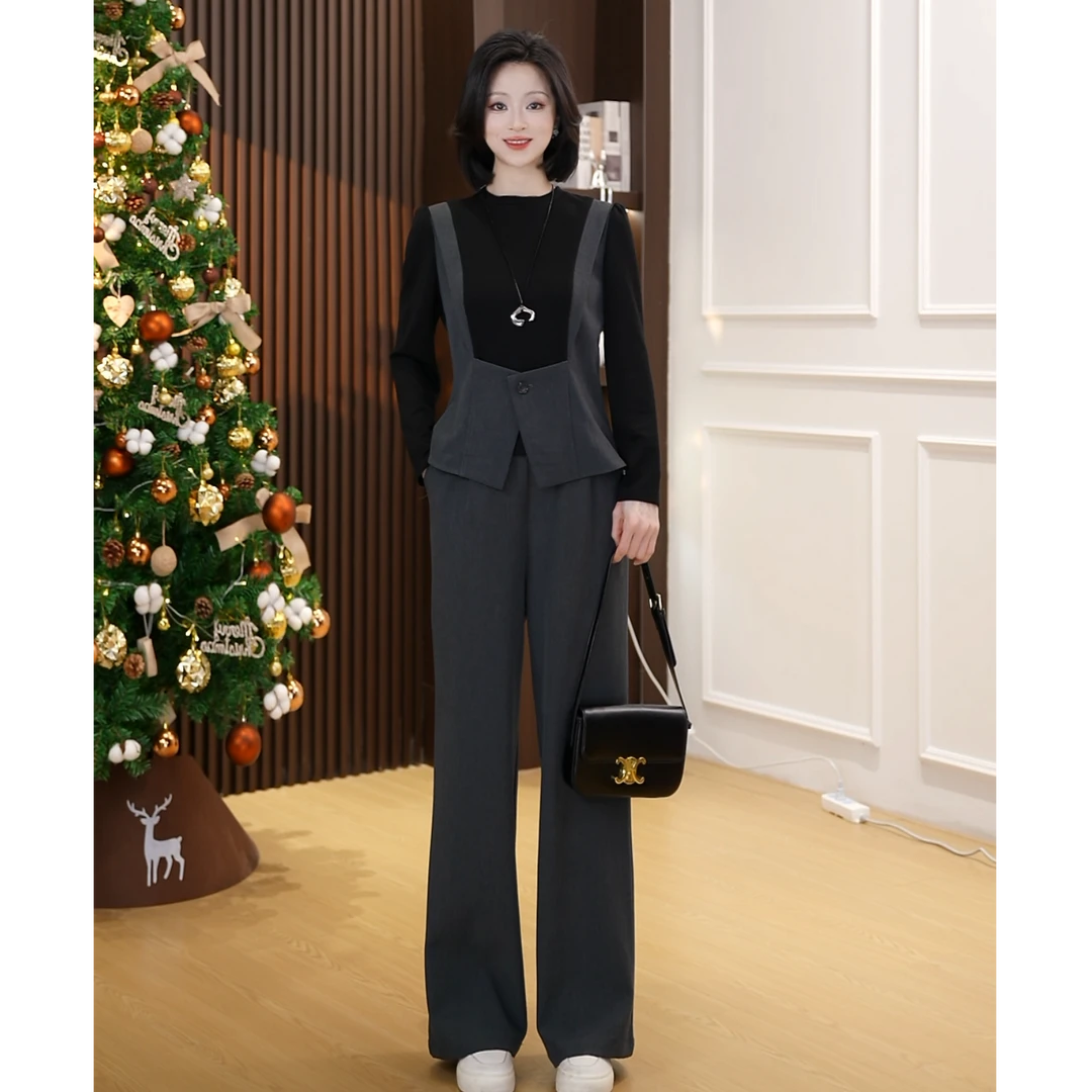 【小爽Eris】春装2025年新款时尚气质撞色拼接款减龄显瘦阔腿裤套装