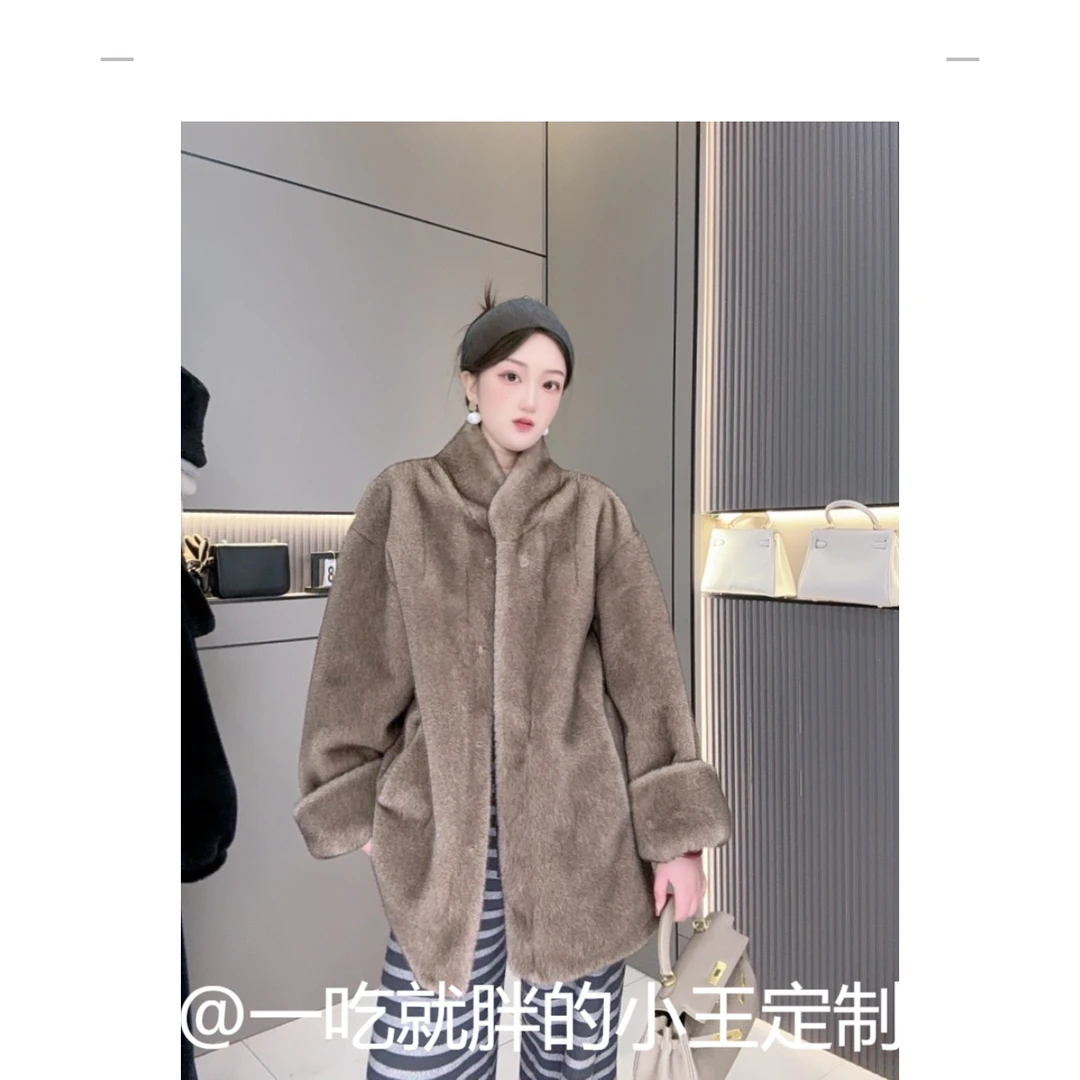 【小王家】富家千金新款双色毛韩版挽袖百搭领毛毛外套