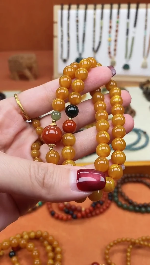 手链蜜蜡未镶嵌双圈蜜蜡和田南红手串