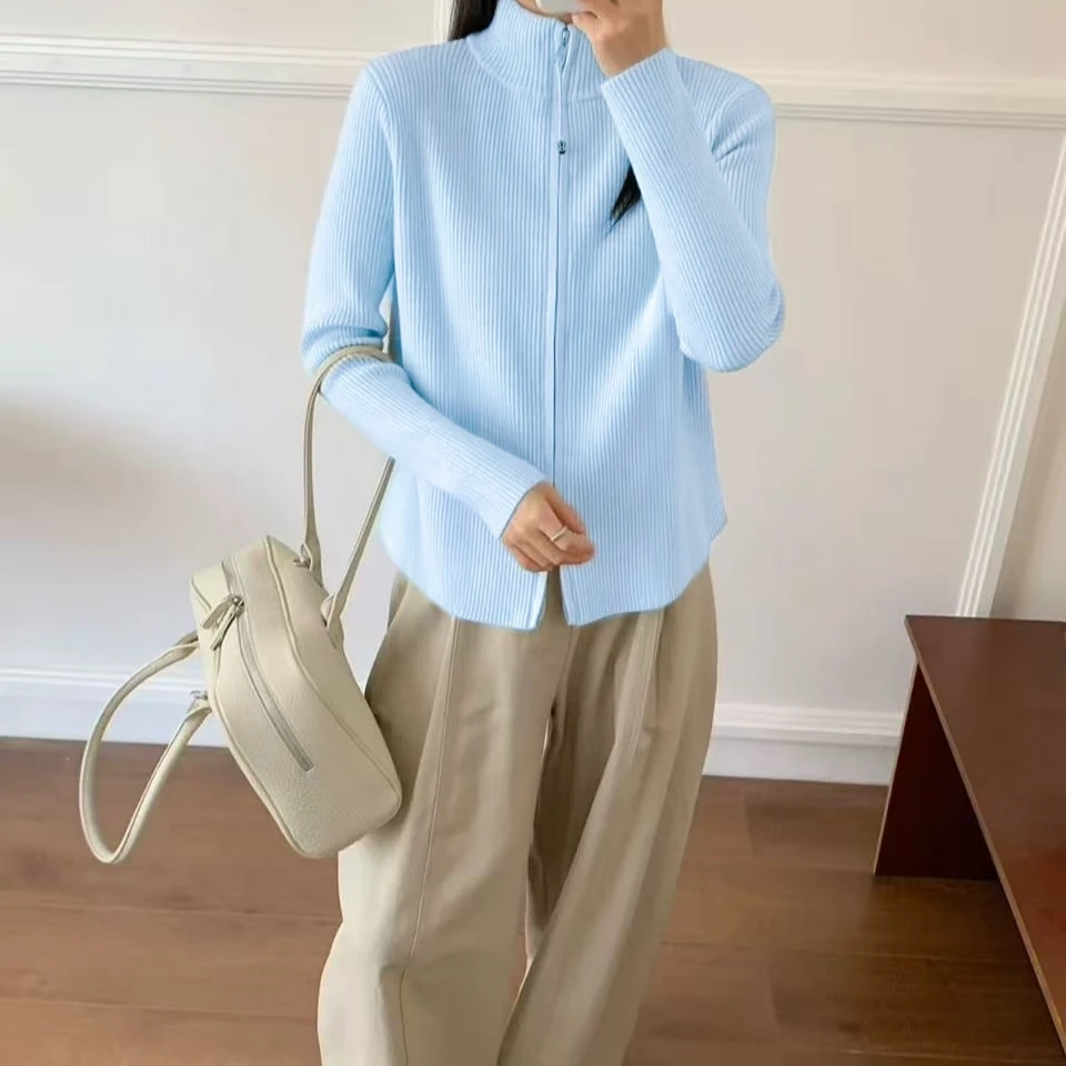 Manmi    双头拉链竖坑条立领毛衣开衫  111（C4）