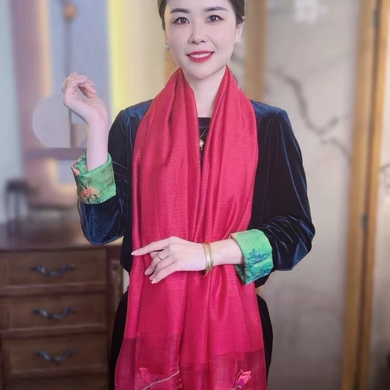 2025新款 刺绣款175*75左右桑蚕丝围巾百搭丝巾-【花盈蝶舞】酒红