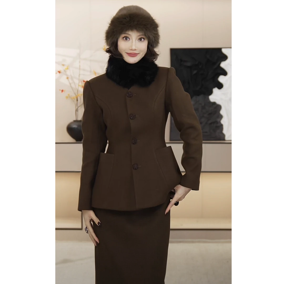 [京京]2025秋冬季复古V领收腰短款毛呢毛呢时尚套装HBZX710148