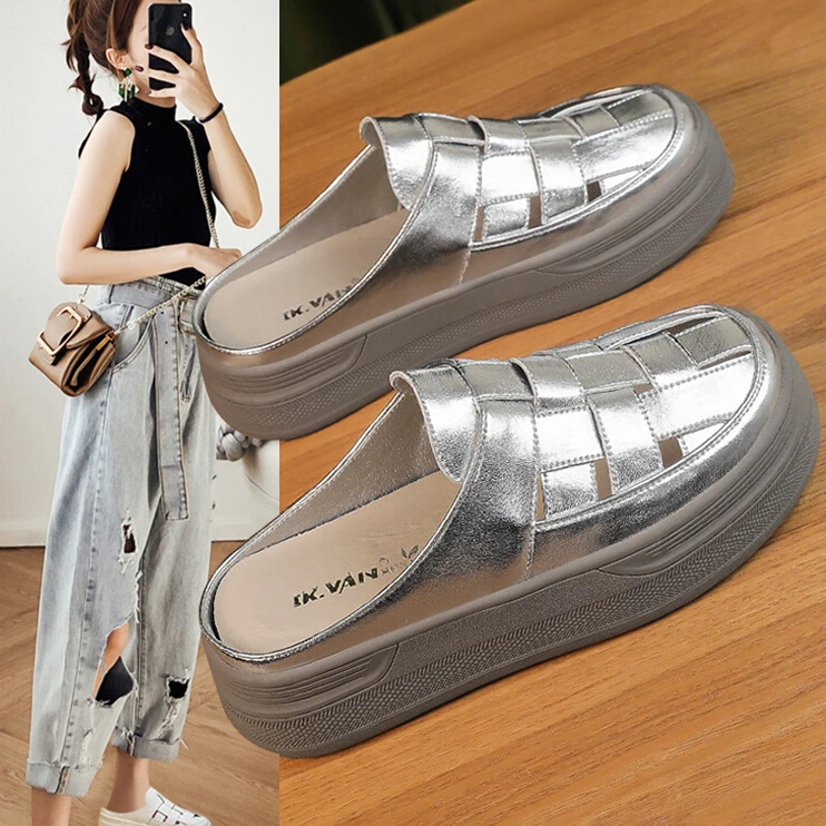 厚底包头半拖鞋女2025夏季新款懒人增高真皮镂空一脚蹬无后跟凉鞋