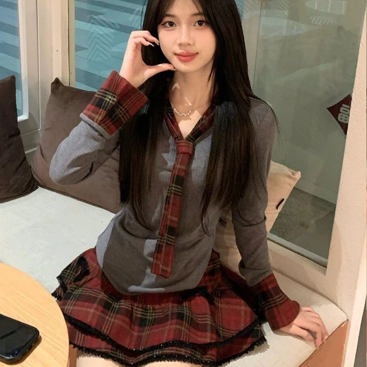 春夏学院风格新款纹撞色针织套装裙女装搭配一整套半身短裙两件套