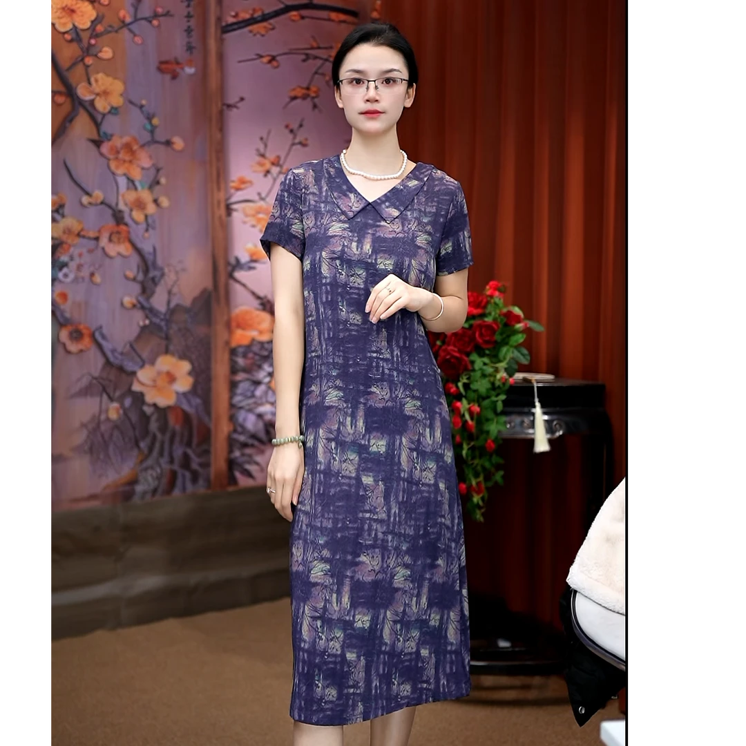 A15-紫气东来气质娃娃领真丝缎面提花连衣裙提花时尚印花常规裙子