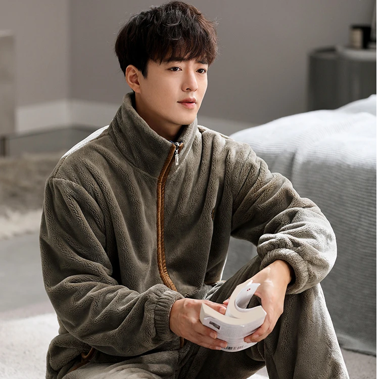 新款男士睡衣秋冬款冬季法兰绒加绒加厚款保暖珊瑚绒家居服套装