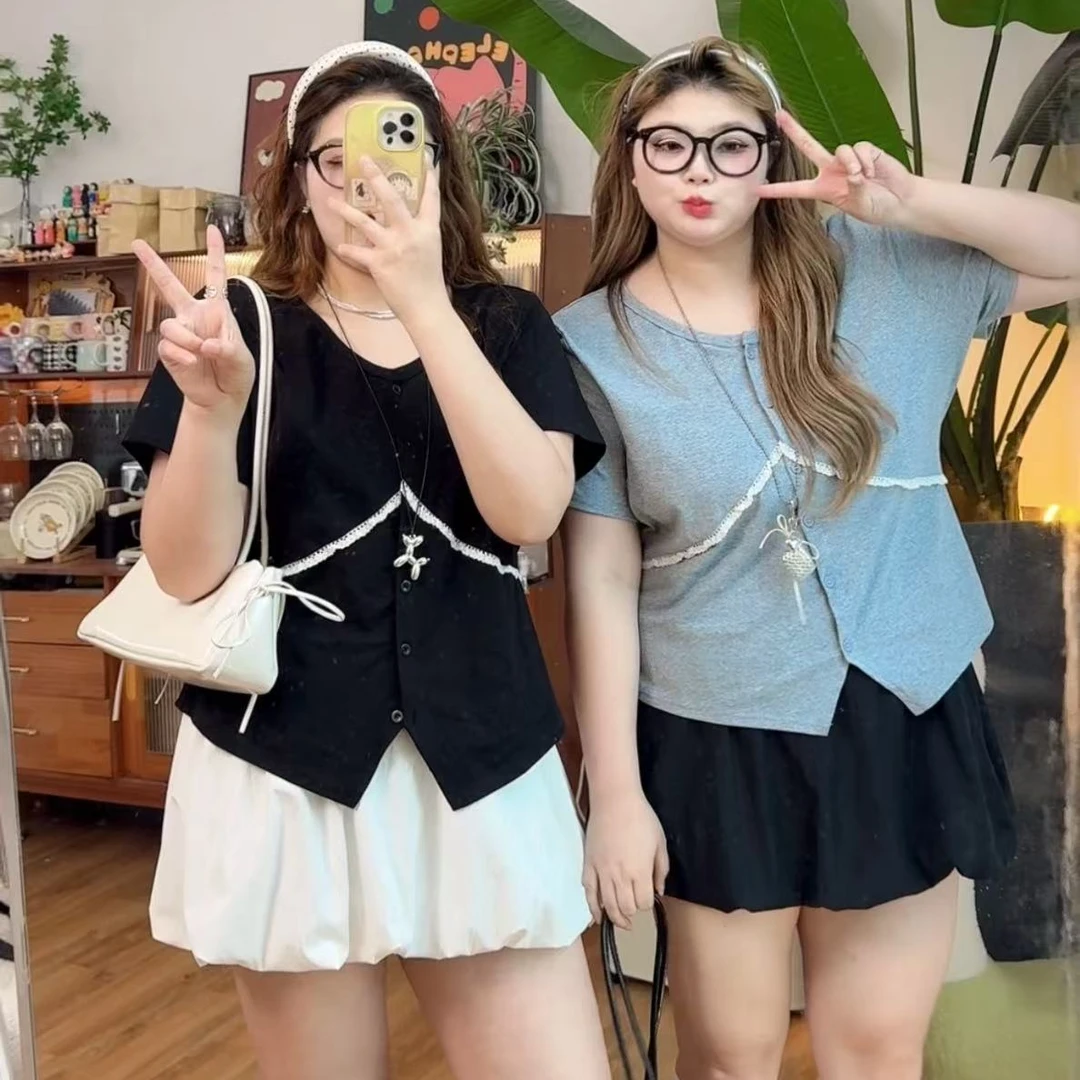 大码女装夏季新款蕾丝休闲风短袖宽松型T恤不规则开衫上衣6911