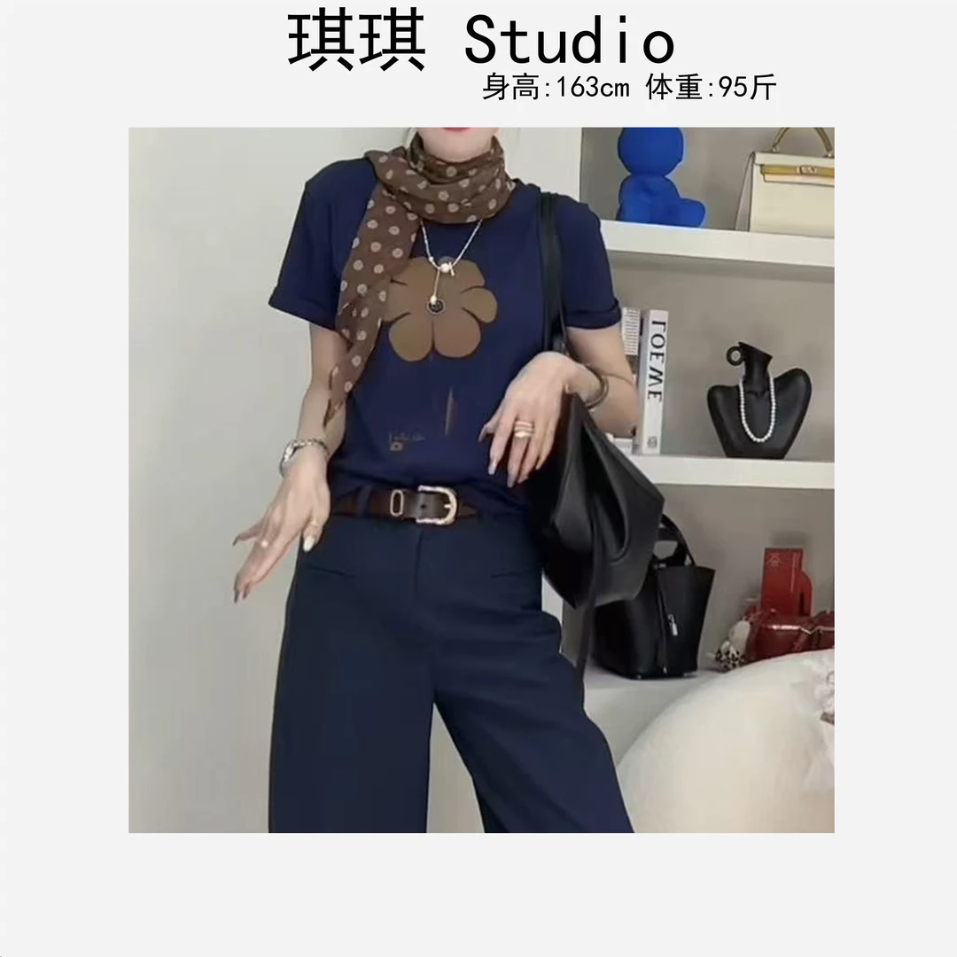 春夏季新款潮流气质时尚圆领拼色花朵显瘦减龄休闲百搭短袖973-G