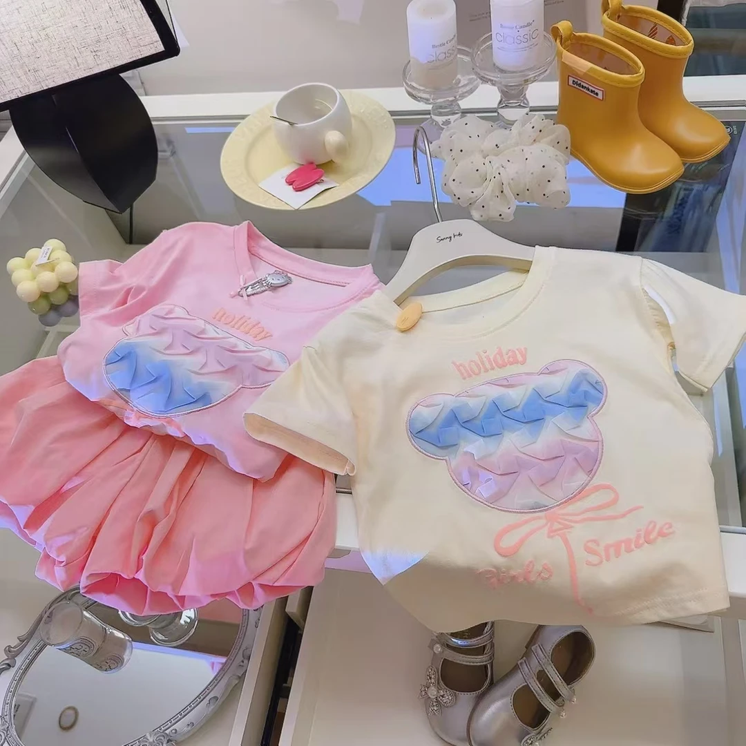 【100%纯棉】女童卡通短袖2025夏季新款立体小熊小女孩洋气甜美T恤