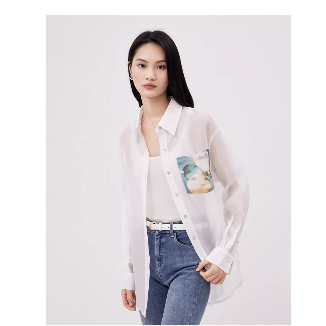 TKYSHOP春夏罩衫天丝混纺轻职宽松印花薄款长袖衬衫 10G1QA05D116