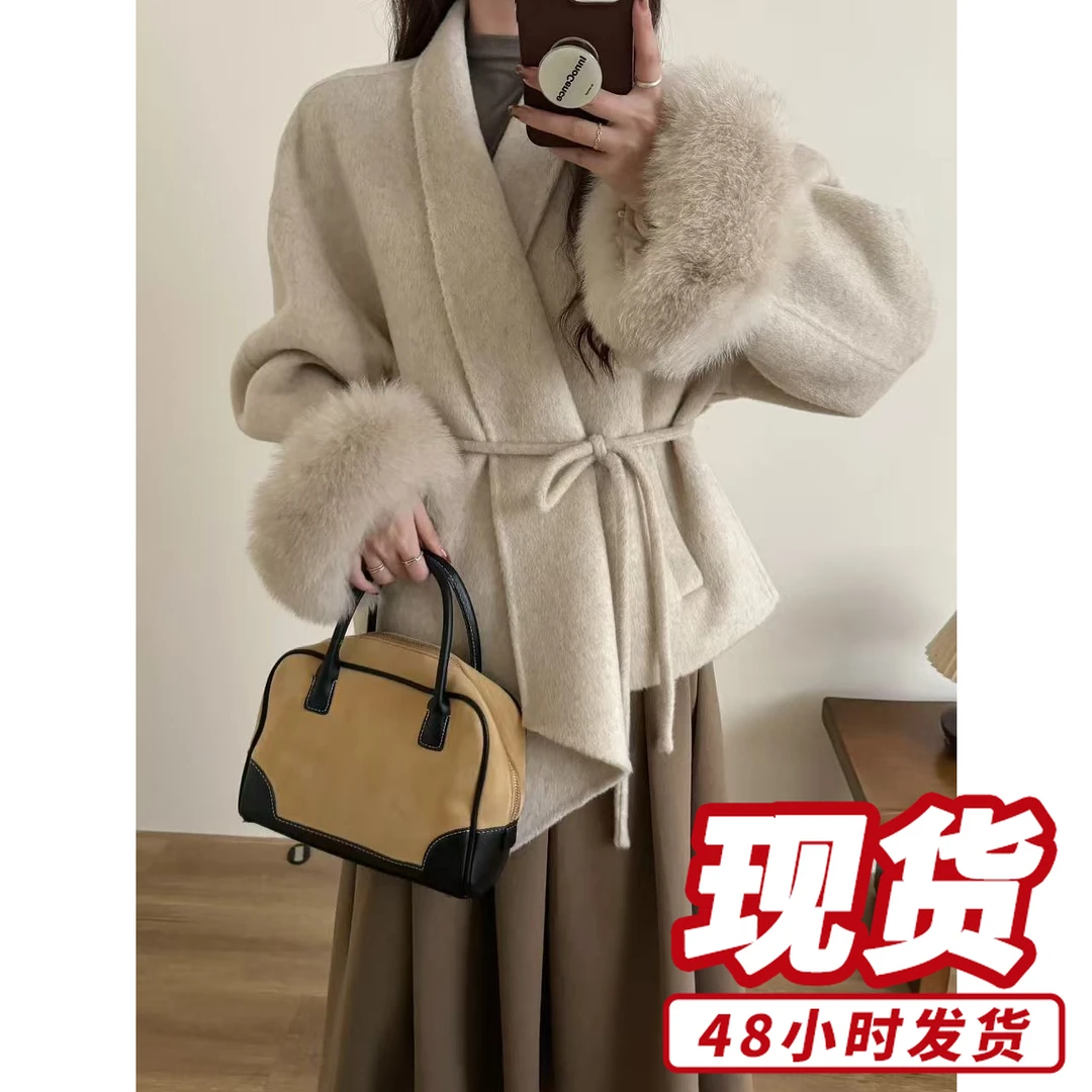 设计感毛毛袖口双面毛呢大衣女2025秋冬短款气质毛呢外套S611156