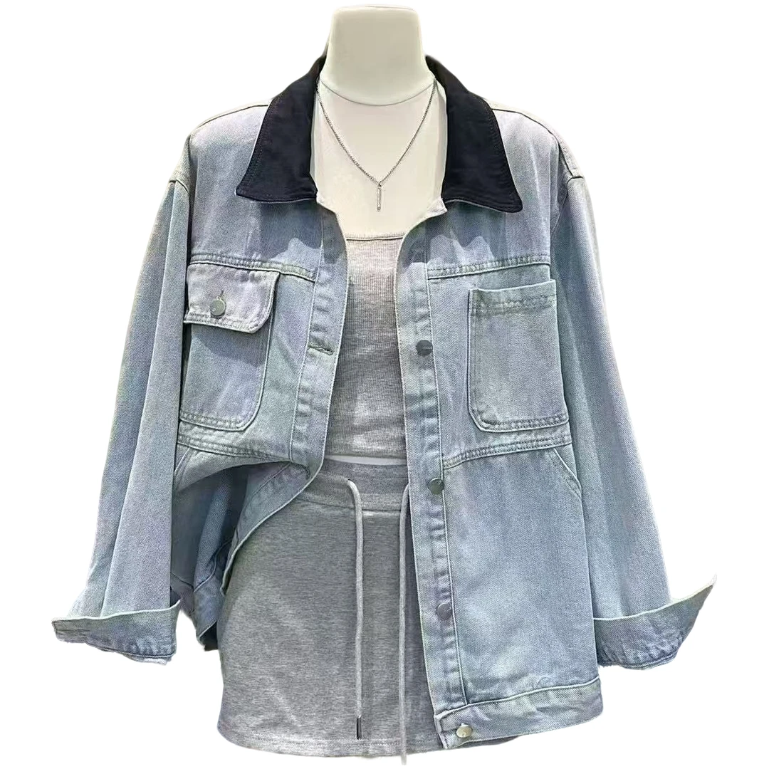 薄款长袖对襟宽松型纯色外套牛仔衣赫本风（9802）