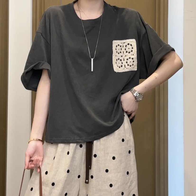 设计感宽松文艺镂空口袋纯色简约短袖T恤女2025夏季新款通勤上衣