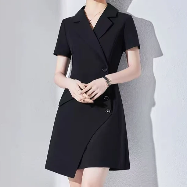 现货【RG2805】高级感2025西装裙短袖收腰显瘦设计黑色修身时尚
