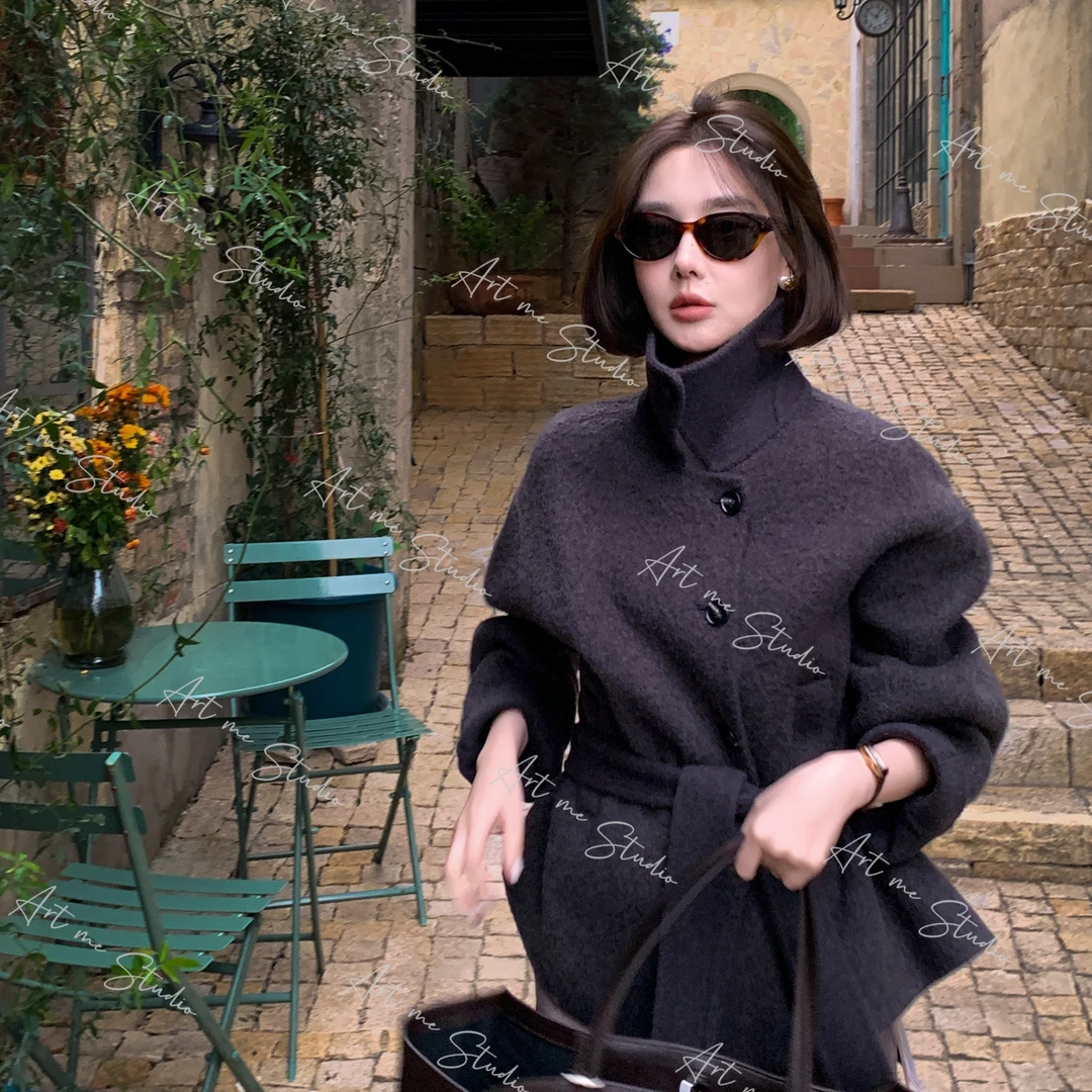 【ART ME】苏力绵羊毛混纺腰带收腰侧襟绵软立裁两色大衣w24431