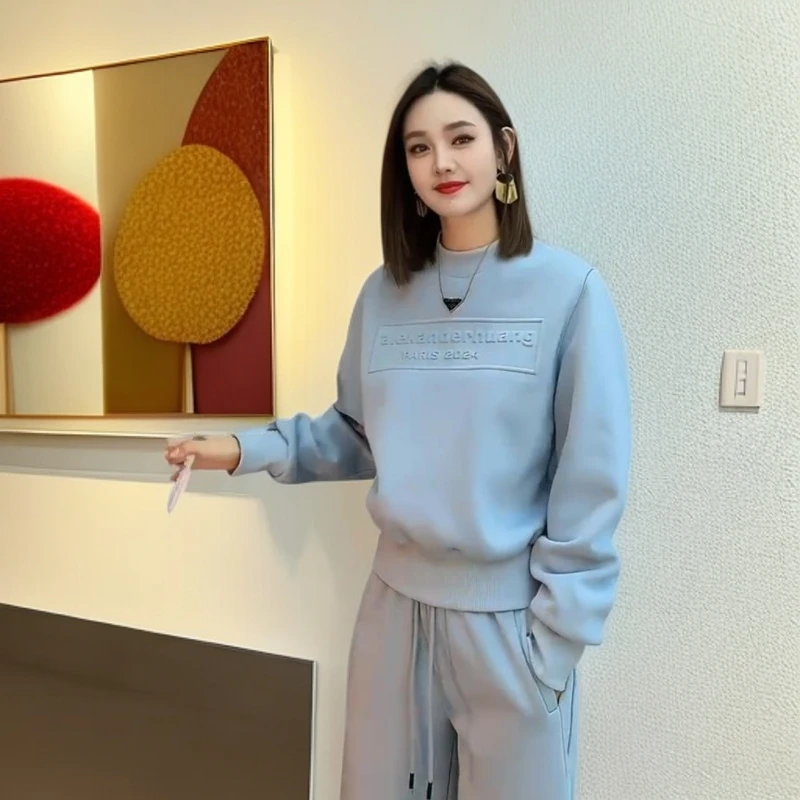 DUELIST运动套装秋季新时尚减龄运动衫直筒裤两件套百搭蓝色休闲