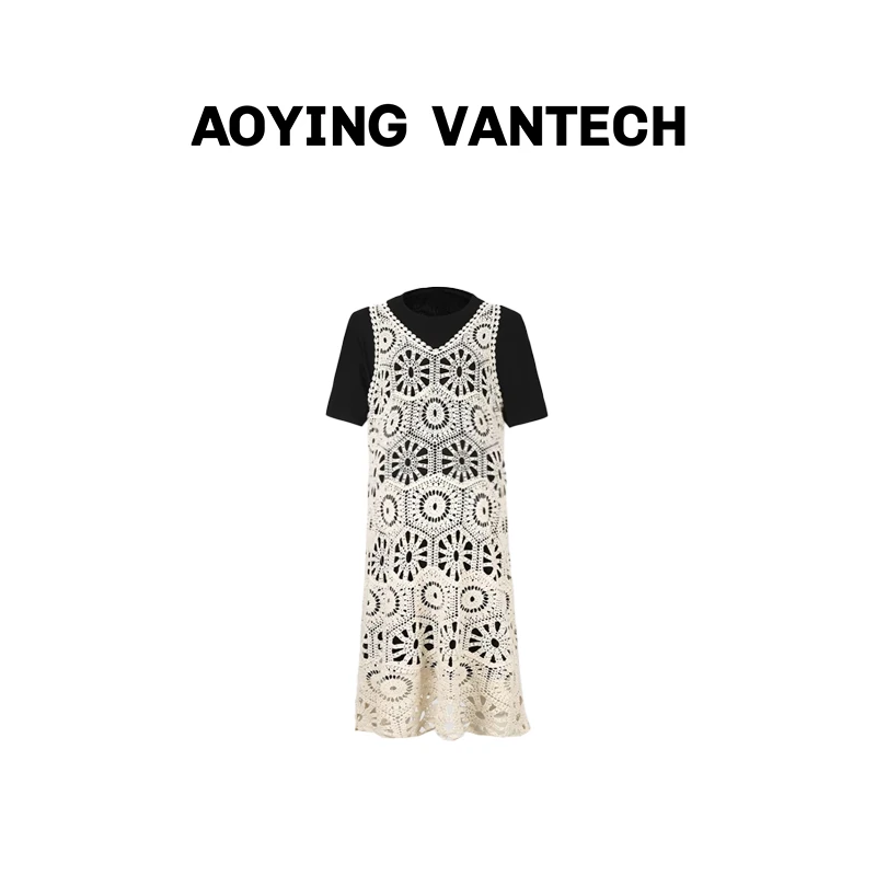 AOYING VANTECH【米兰胶片】设计感V领蕾丝罩衫宽松舒适黑T裙套装