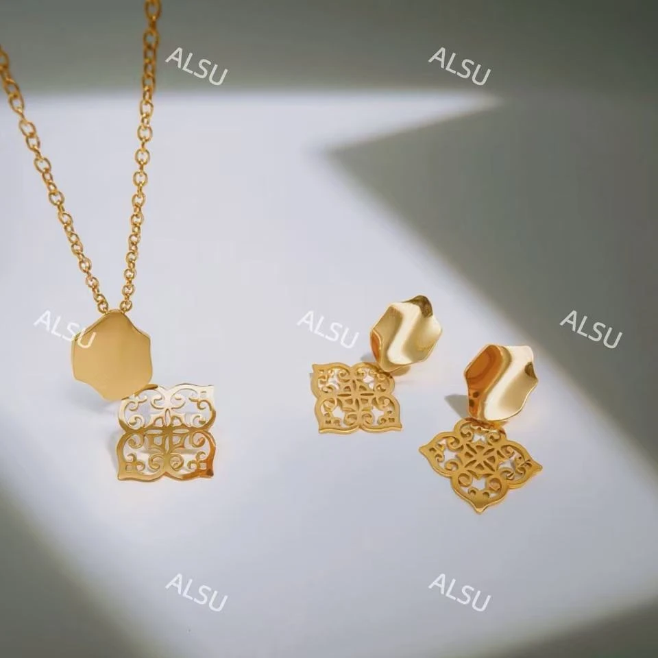 合金项链 ALSU原创经典民族风灵动时尚项链耳环两件套金色轻奢