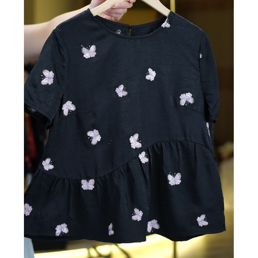 玉蝴蝶《非遗美学》1350夏季新款印花时尚短袖上衣