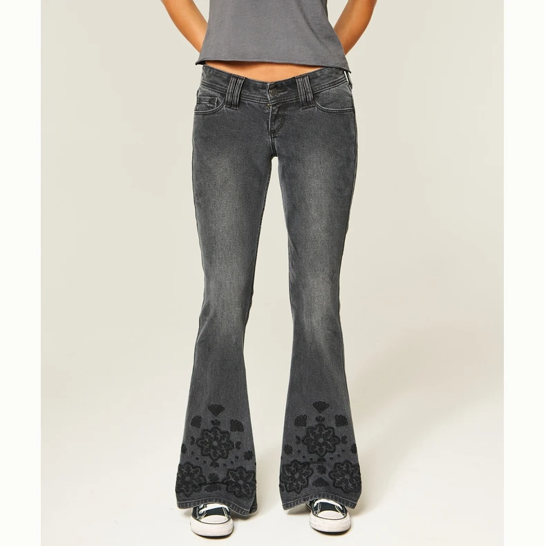 Hollister25秋冬新款辣妹水洗刺绣修身喇叭牛仔裤女装355-5888