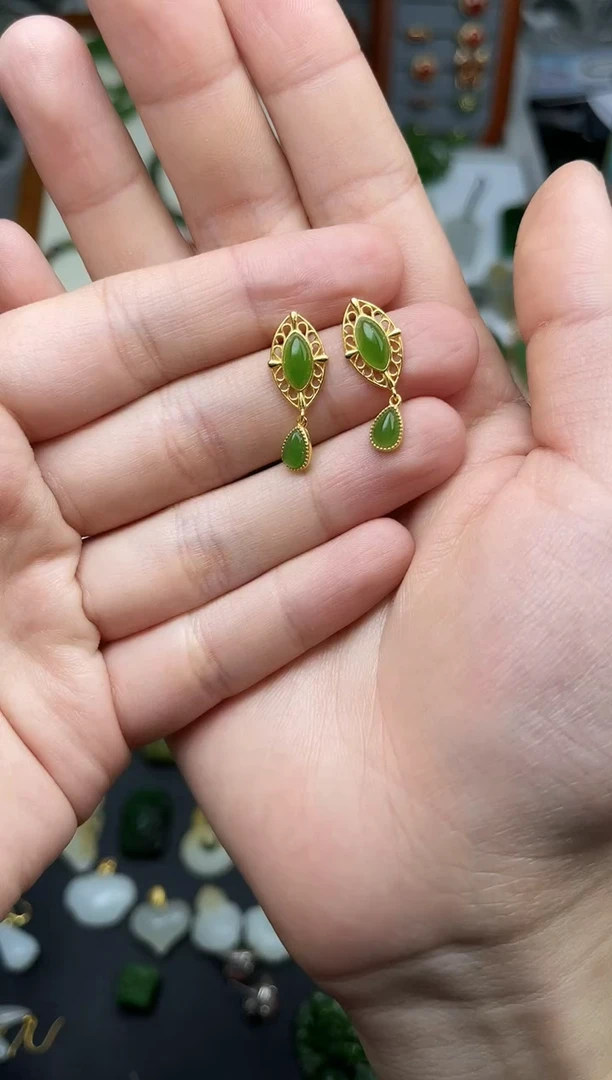 银S925镶嵌和田玉耳饰水滴耳钉06