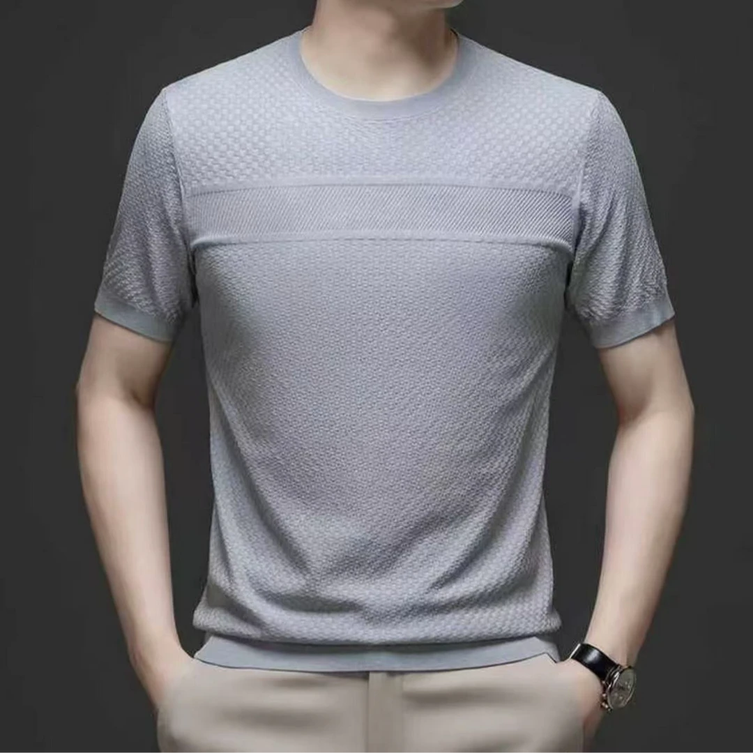 高档纯色针织短袖T恤简约百搭针织圆领短袖男士轻奢短袖潮流气质