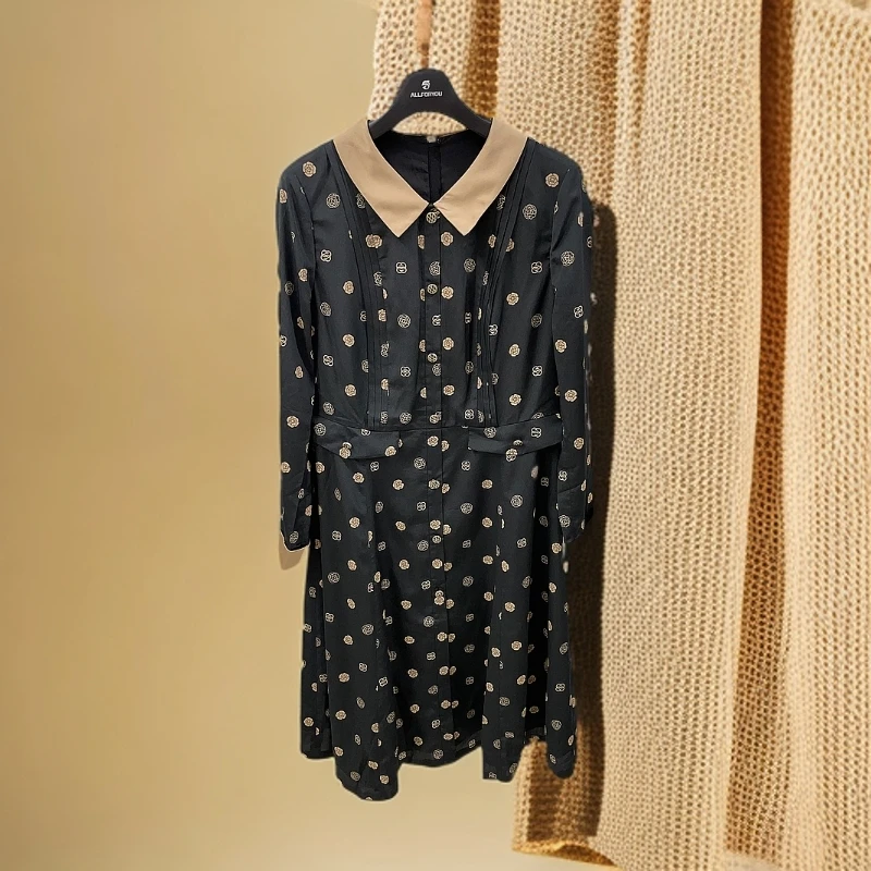 【黑金蔷薇】翻领优雅黑色印花气质长款休闲显瘦连衣裙长裙时尚裙子