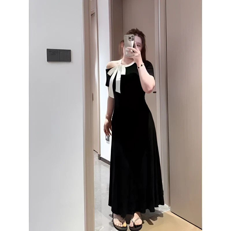 大码女装胖mm赫本风蝴蝶结露肩连衣裙2025夏季气质显瘦遮肉长裙子