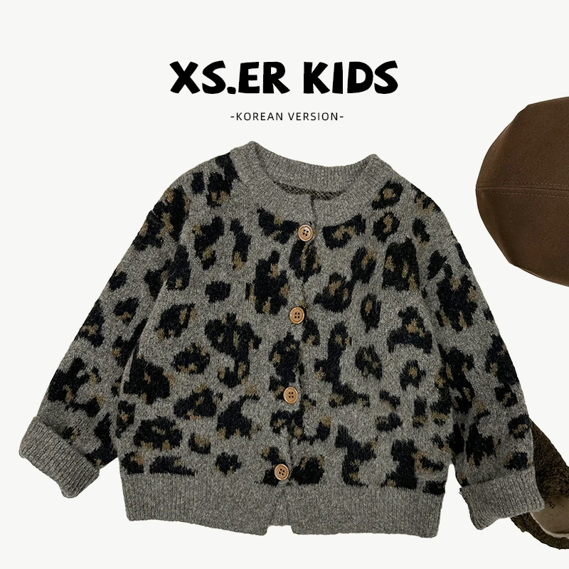 【小首尔】现货-qc7秋冬新款儿童复古豹纹针织加厚毛衣外套MPG5171