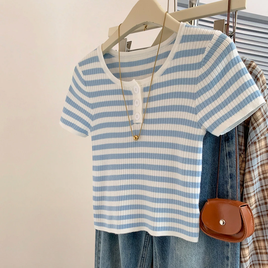 蓝白条纹正肩针织短袖t恤女夏季2025新款设计感小众冰丝短款上衣