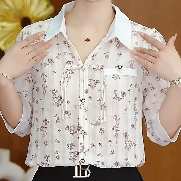 夏款七分袖衬衫百搭减龄中老年妈妈装2025新款宽松显瘦女装小花衫
