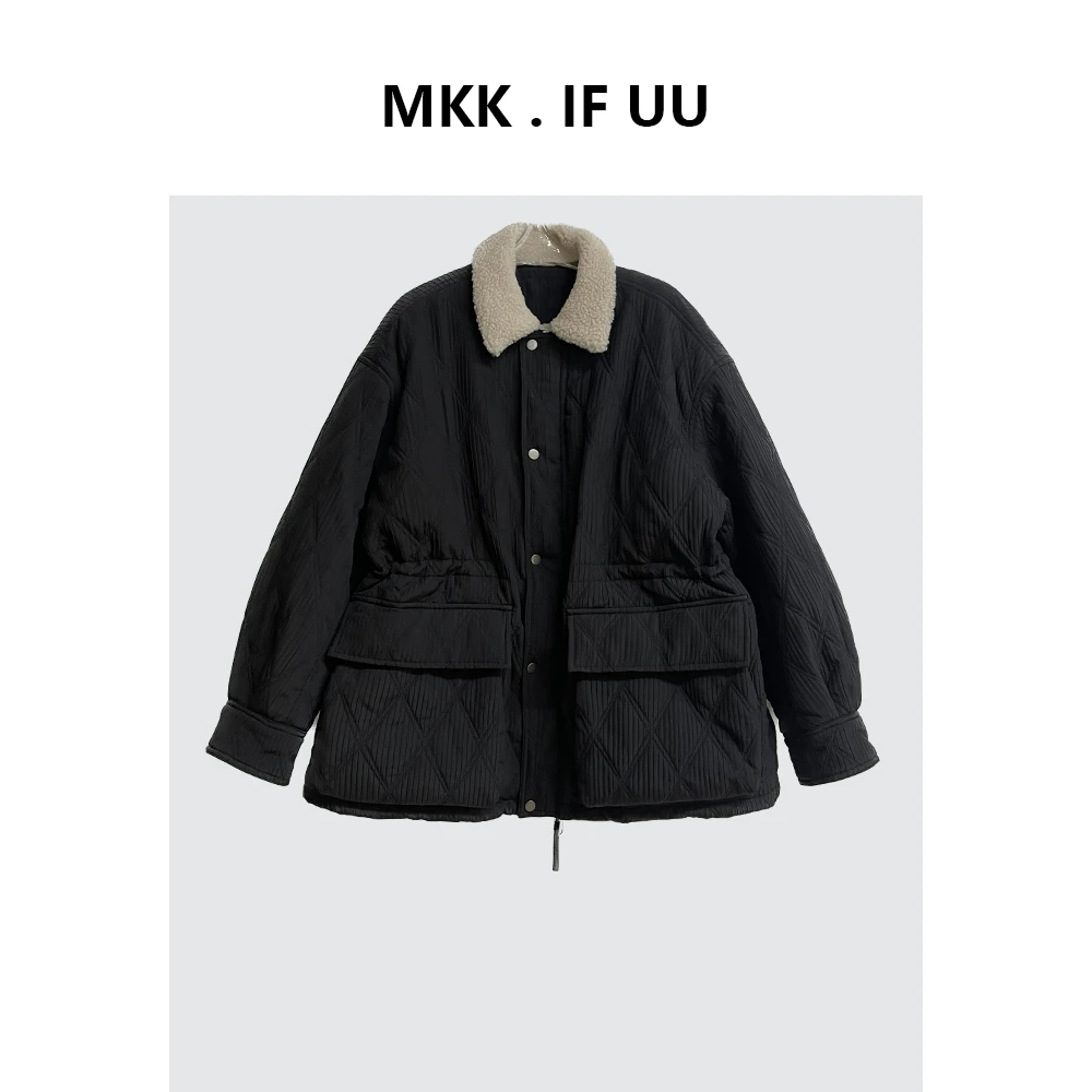 KEKE推荐 复古风 加棉加绒翻领按格子派克服外套