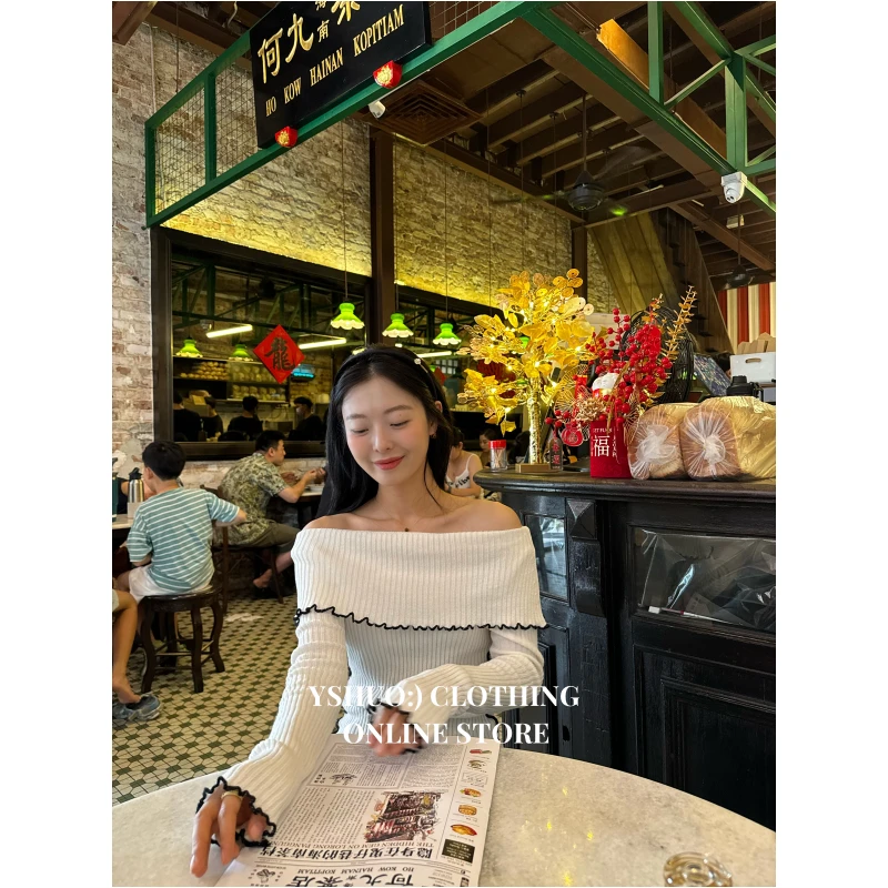 YSHUO【明线一字肩】韩系时尚设计感一字肩毛衣上衣 24047