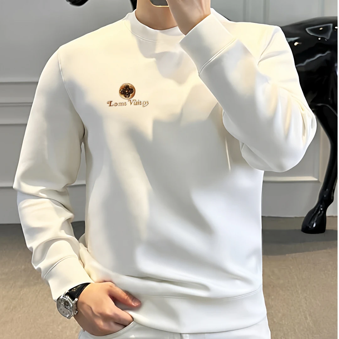 2025高端品质潮牌时尚男士卫衣圆领修身百搭休闲加绒加厚打底衫男