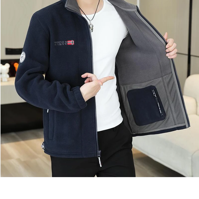 灏吉弧男士外套秋冬款双面绒加厚抓绒衣男款冬季休闲绒夹克男