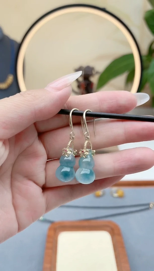 石英质玉（天山翠）银S925镶嵌耳饰00葫芦蓝水飘花