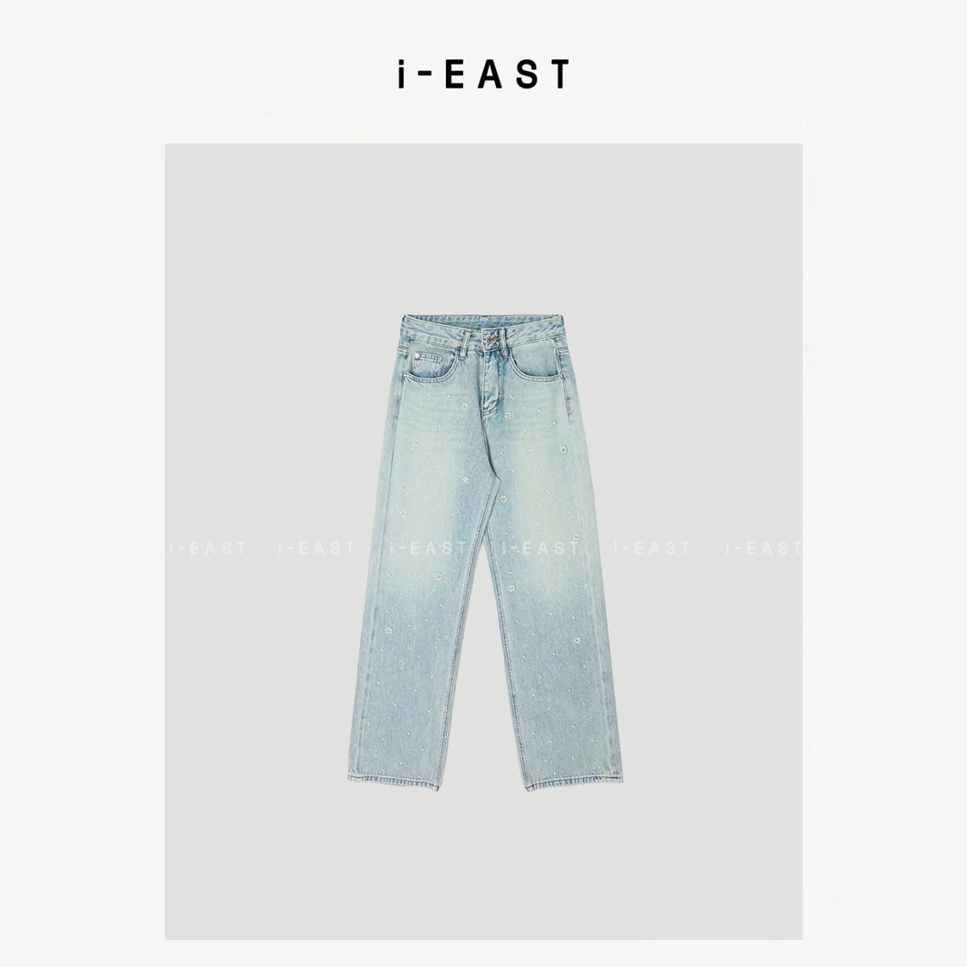 i-EAST 星际牛仔裤~不规则珠珠做旧牛仔裤-5C K13439