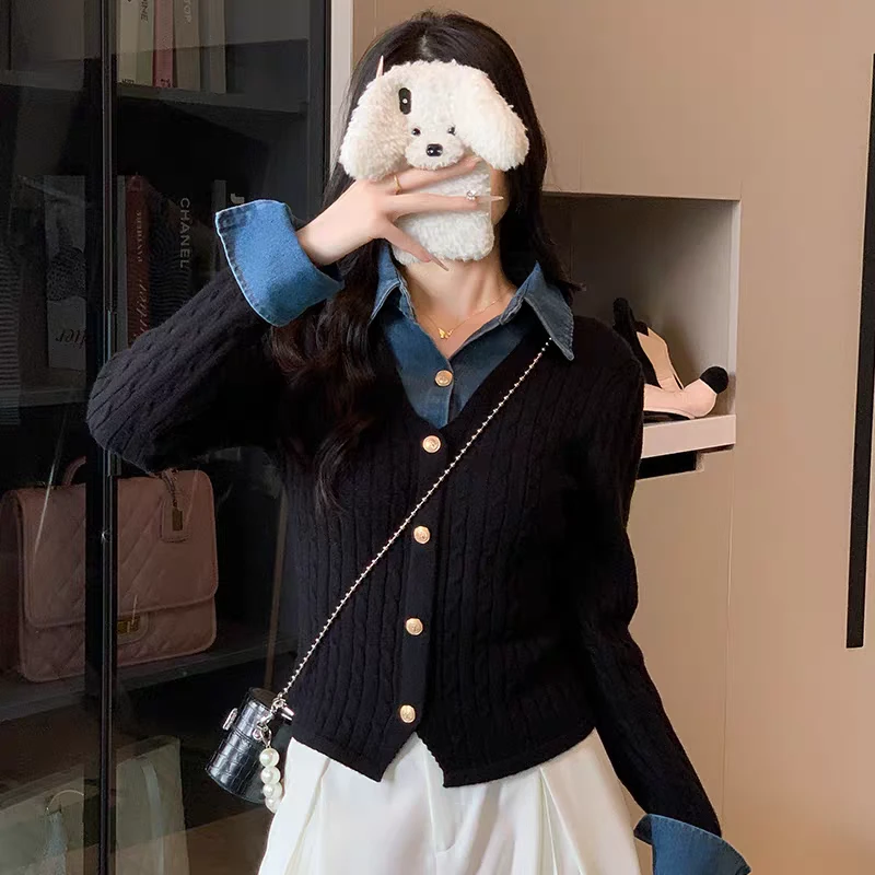 毛针织衫百搭针织大码黑色针织衫时尚衬衫拼接针织衫秋冬上衣内搭