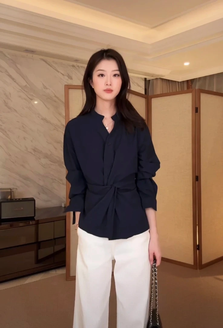 柔感莱赛尔长绒棉混纺&扭结设计收腰两穿衬衫设计感气质显瘦衬衣