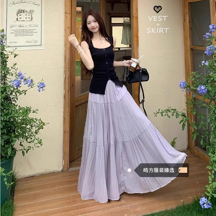 温柔风法式纯欲风慵懒风时尚套装拼接高腰裙子显瘦女装百褶裙