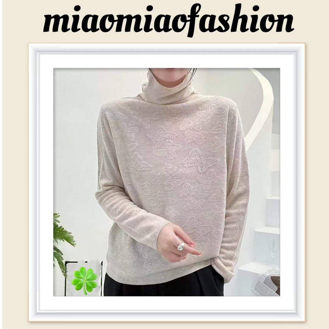 【MIO】米奥冬季时尚镶钻印花高领堆堆领百搭长袖显瘦针织打底毛衫