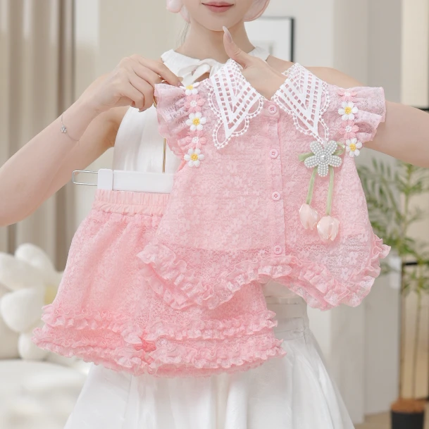 2025夏季新款女童粉色蕾丝无袖上衣短裤郁金香套装两件套SA30167