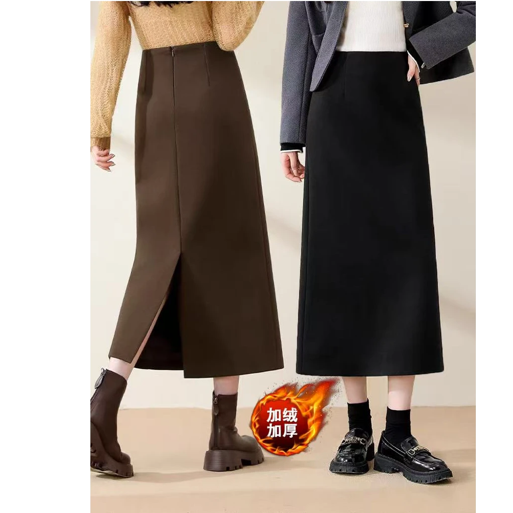 毛呢加绒半身裙女秋冬2025新款高腰黑色裙子包臀a字开叉直筒长裙